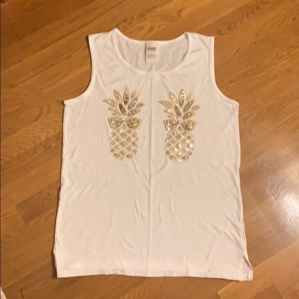 PINK Victoria's Secret White Tank with Gold Pineapple Sequin Design